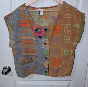 Vintage Free Form By Nimityongskul Colorful Cropped Vest With Felted Flower